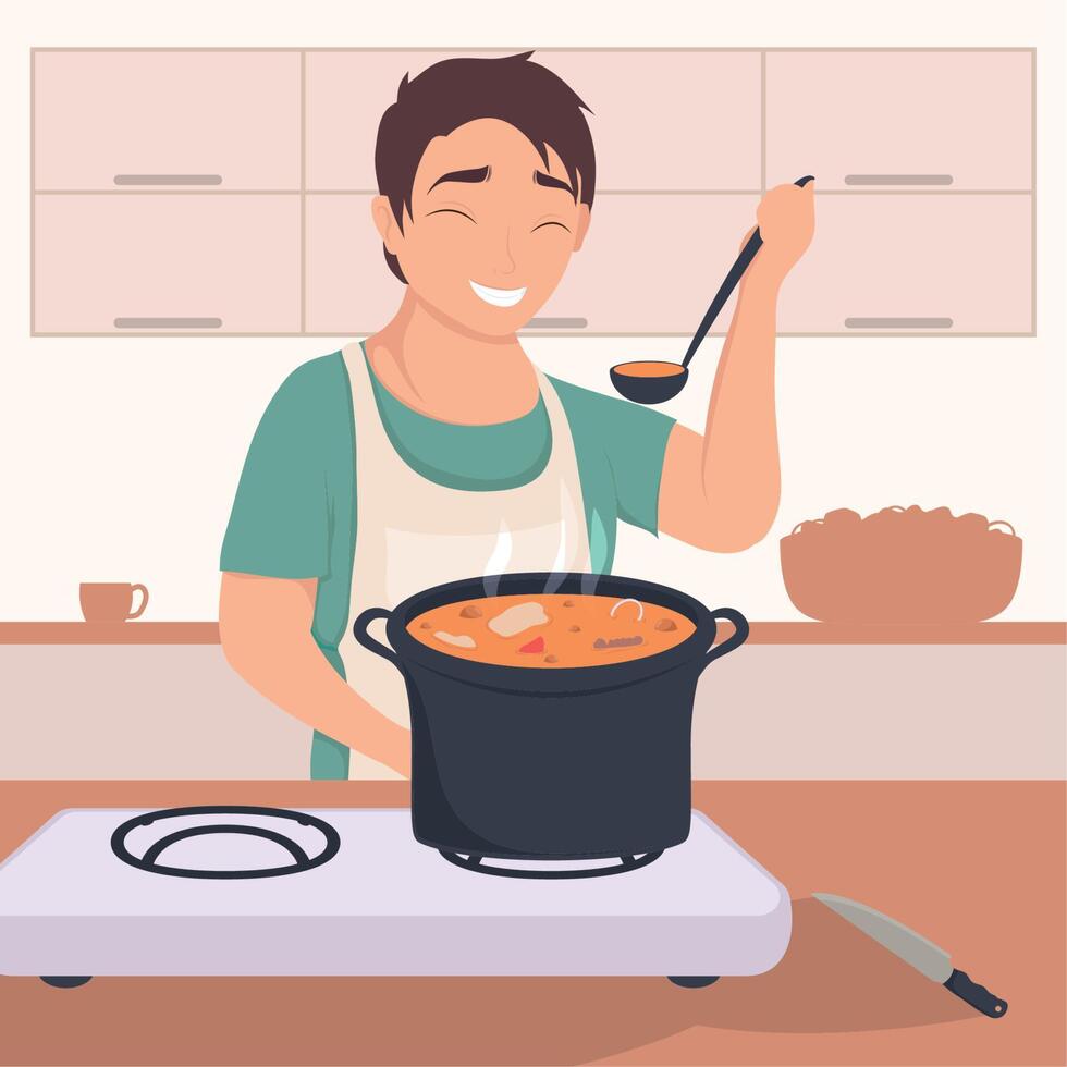 hombre cocinando escena de sopa vector