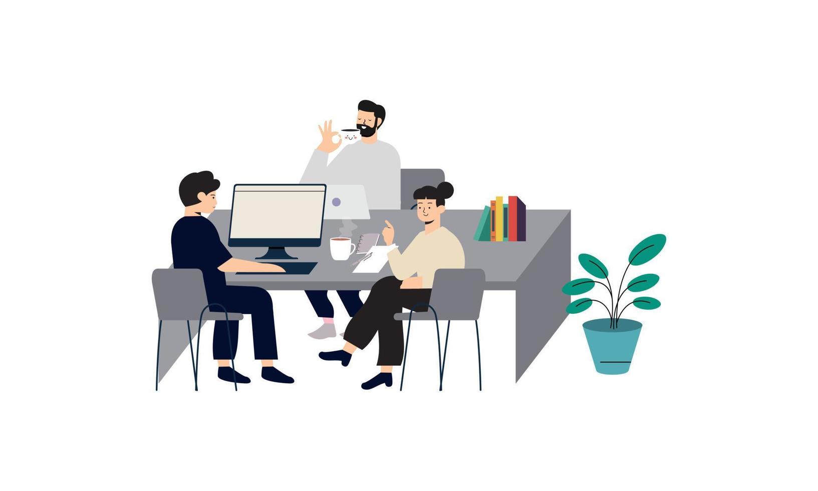 Group of office workers sitting at desks and communicating or talking to each other vector