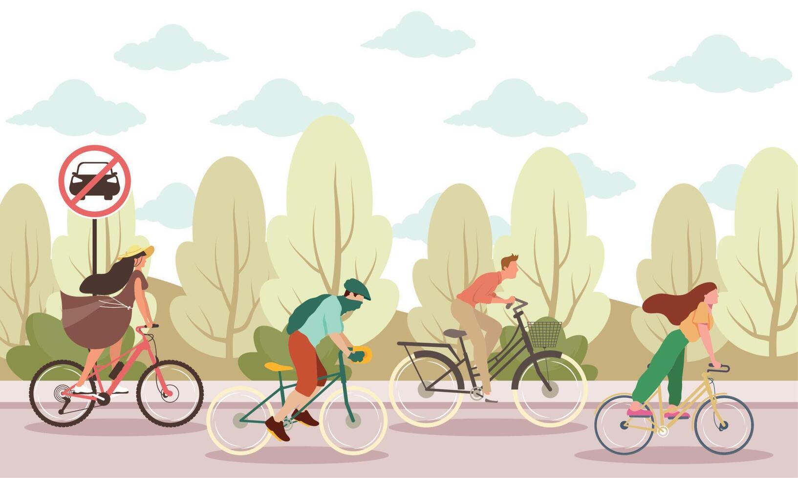 four ciclists riding bikes vector