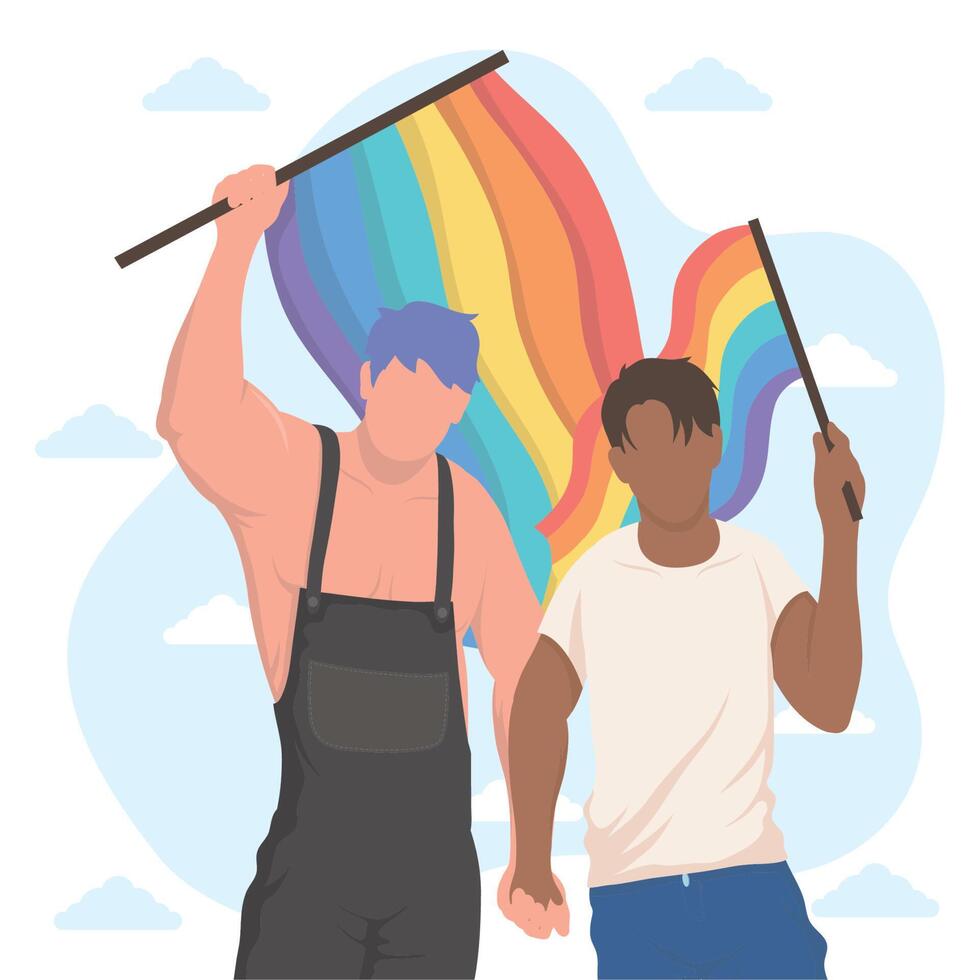 interracial men with lgbtq flags vector