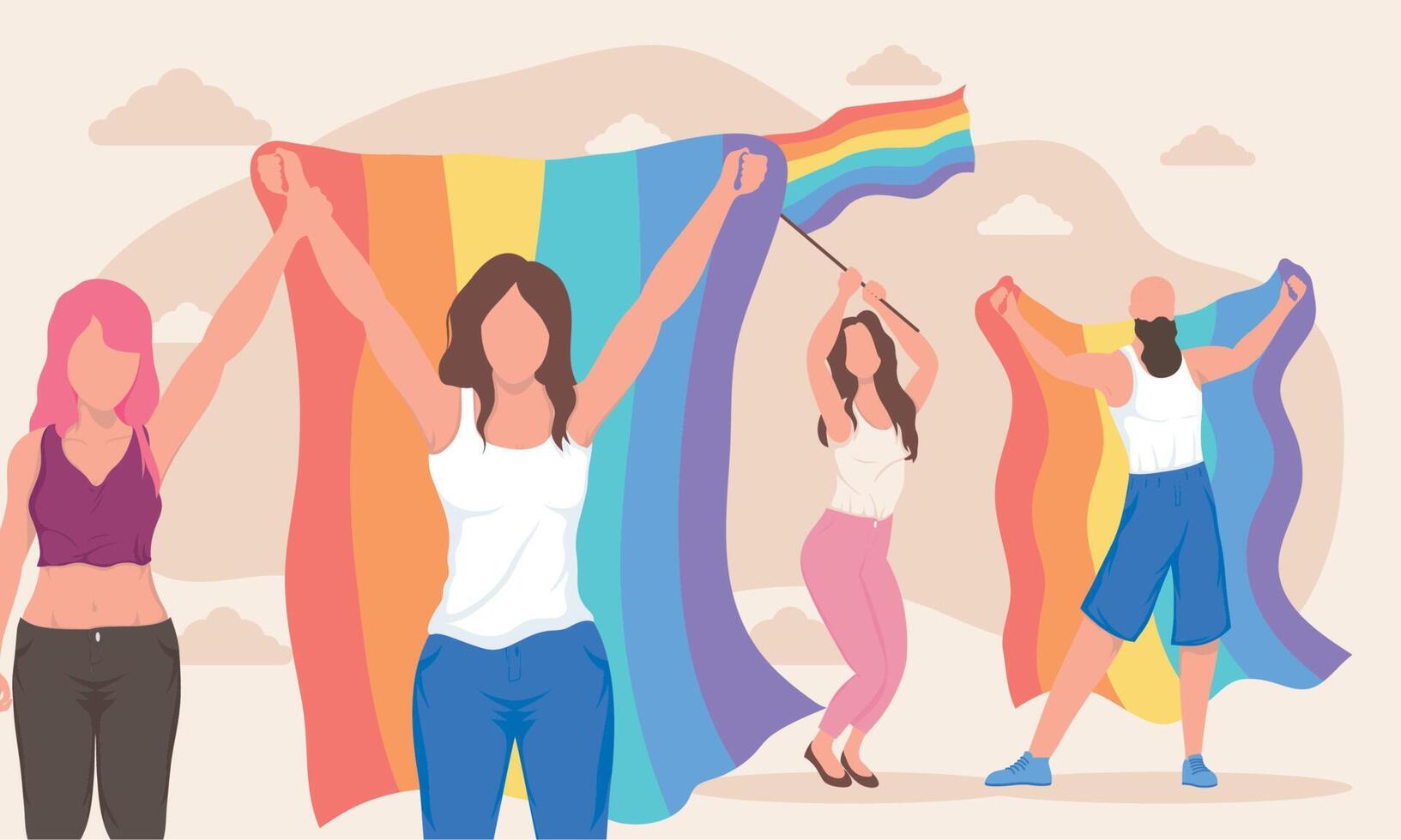 group of lesbians with lgbtq flags vector
