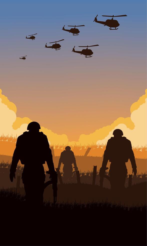 soldiers and helicopters scene vector