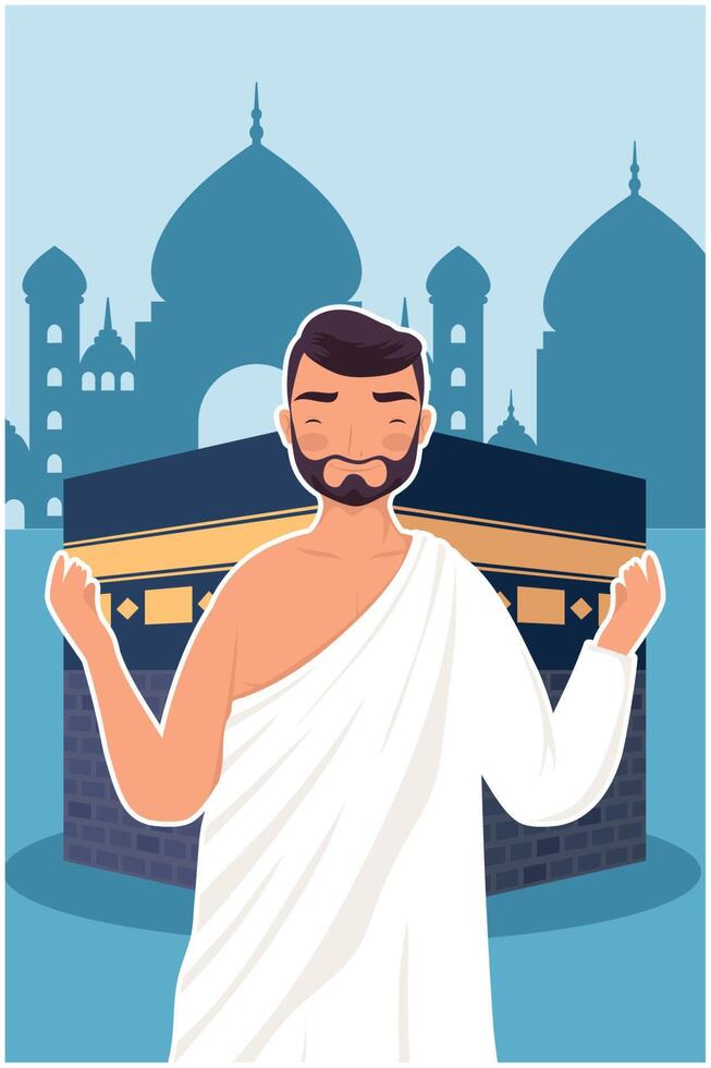 islamic pilgrimage man praying vector