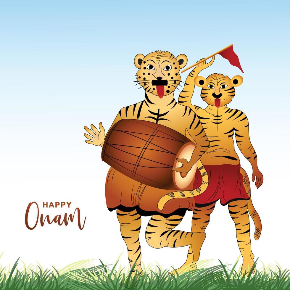 Hand draw body painted tiger dancers and dragon illustration for onam festival background vector