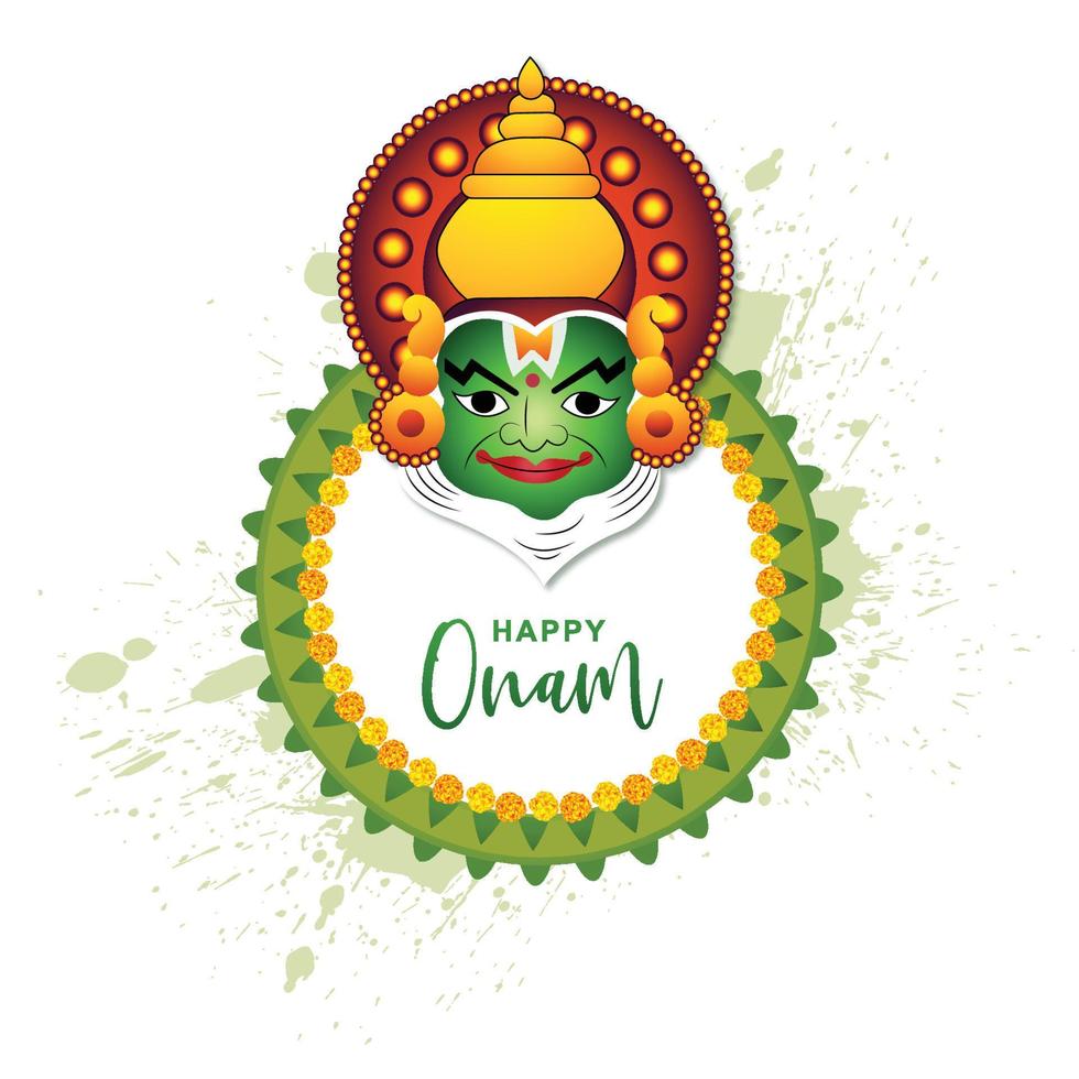 ilustración de la tarjeta de felicitación para el onam del festival del sur de la india con fondo de cara kathakali vector