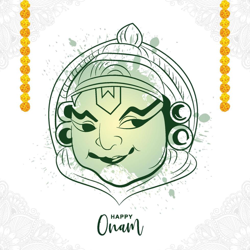 Hand draw happy onam kathakali face illustration on sketch desig vector