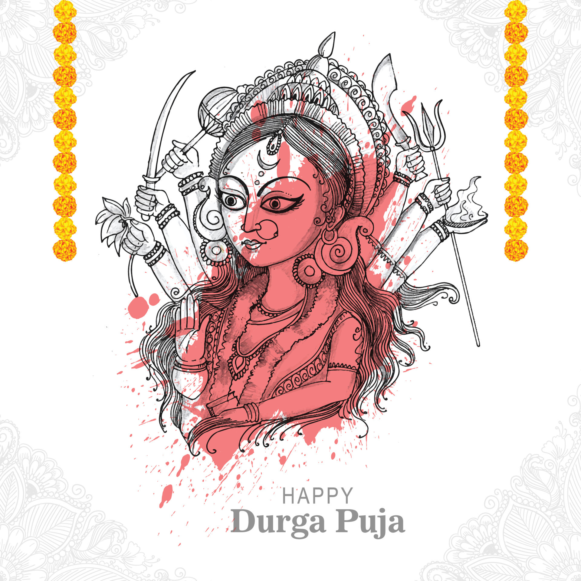 Hand Draw Happy Durga Puja Festival Indian Holiday Sketch Background Stock  Illustration  Illustration of dandiya devi 254521745
