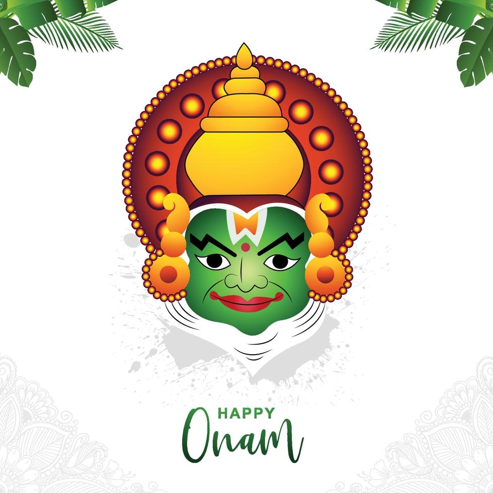 ilustración de la tarjeta de felicitación para el onam del festival del sur de la india con fondo de cara kathakali vector