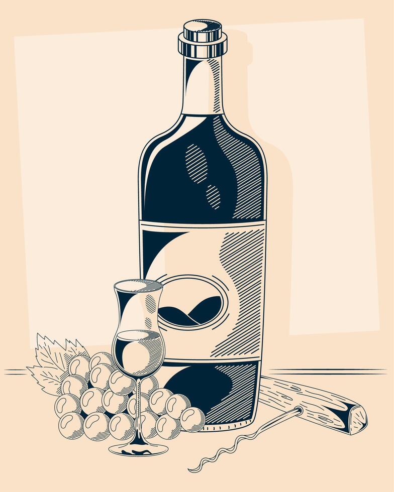 wine bottle and grapes vector