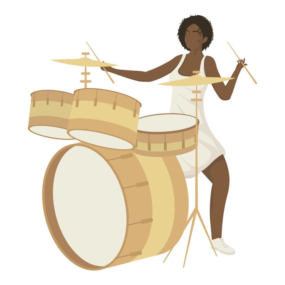 músico afro femenino tocando la batería vector