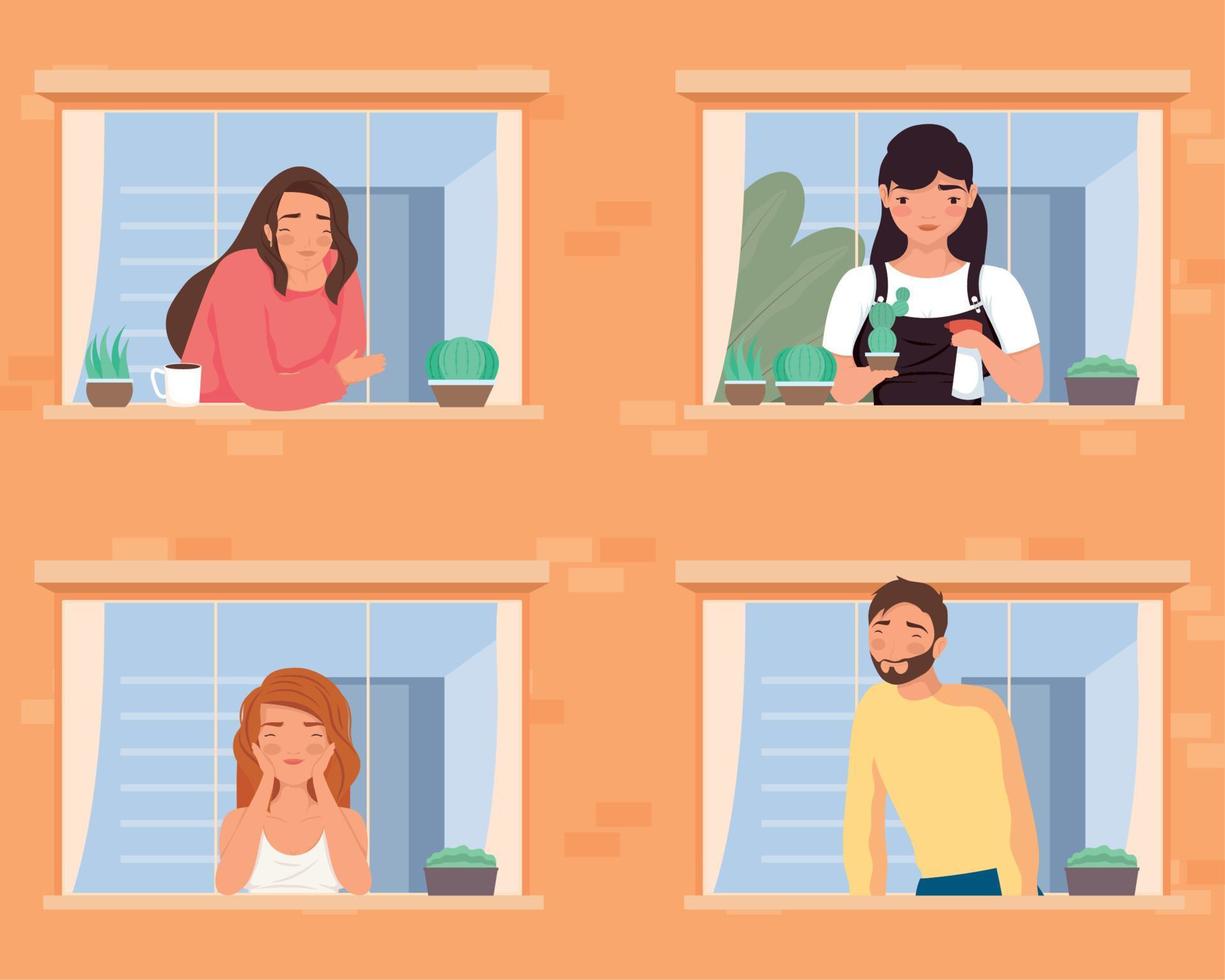 four persons in windows vector