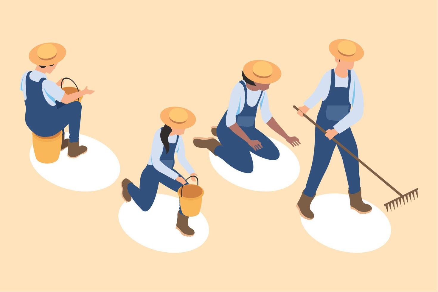 four isometric farmers characters vector