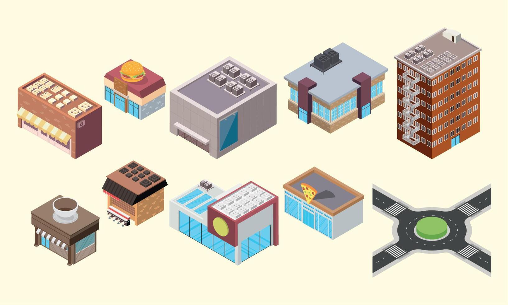 ten isometric buildings icons vector