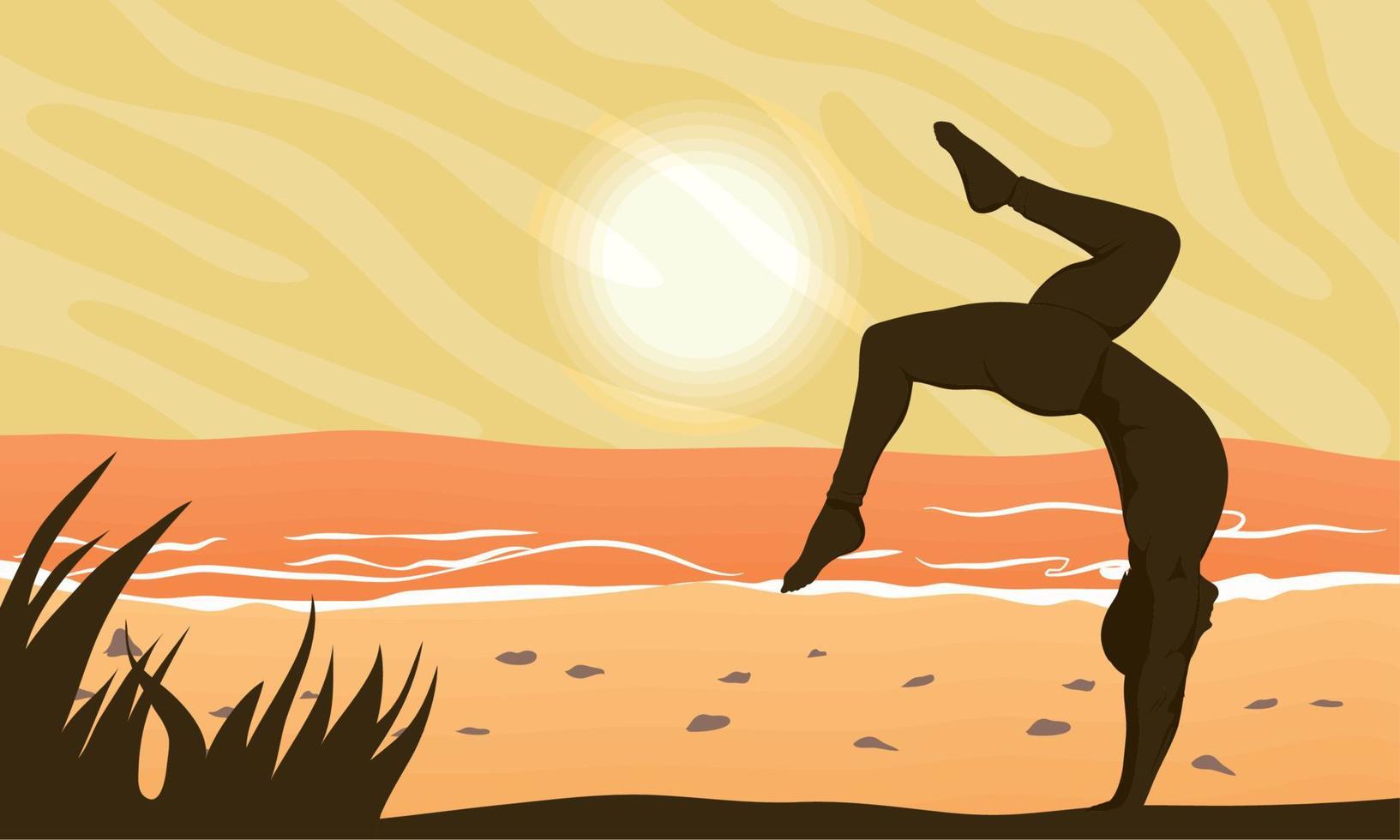 hombre practicando yoga en la playa vector