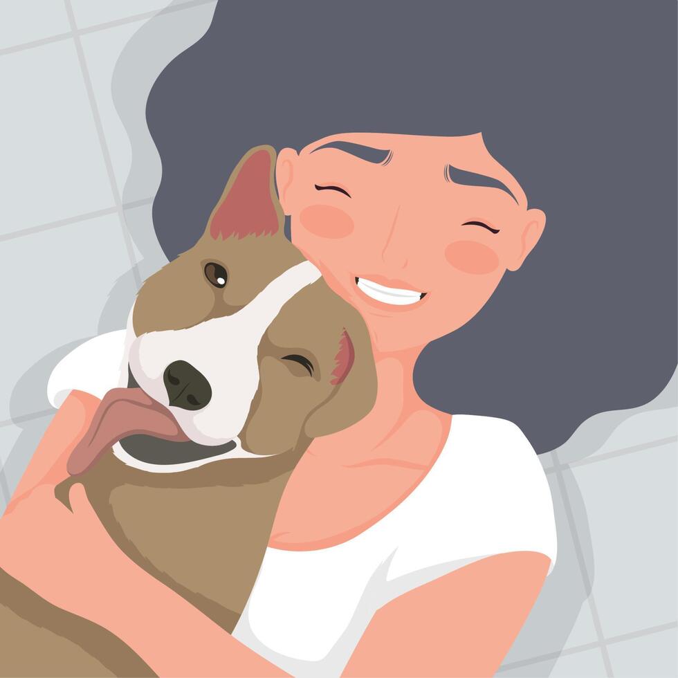 mujer abrazando perro mascota vector