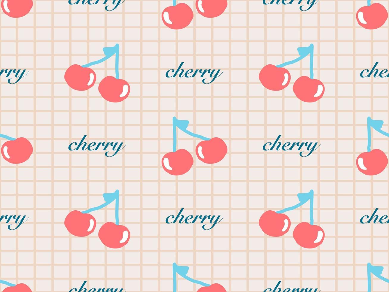 Cherry cartoon character seamless pattern on yellow background. Pixel style vector