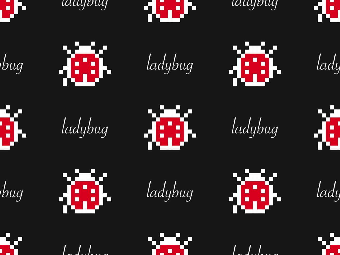 Ladybug cartoon character seamless pattern on black background. Pixel style vector