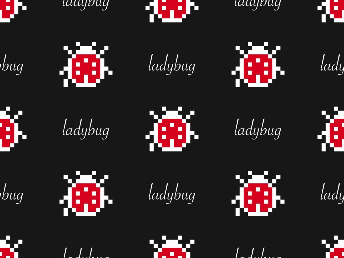 Ladybug cartoon character seamless pattern on black background. Pixel style vector