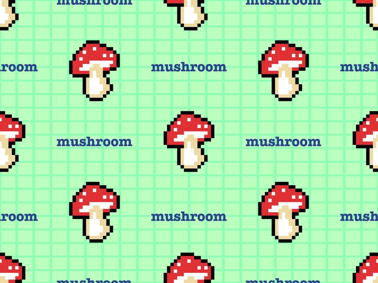 Mushroom cartoon character seamless pattern on green background. Pixel style vector