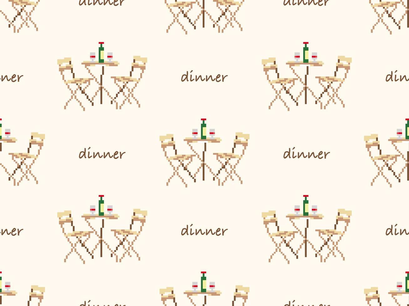 Dinner table seamless pattern on brown background. Pixel style vector