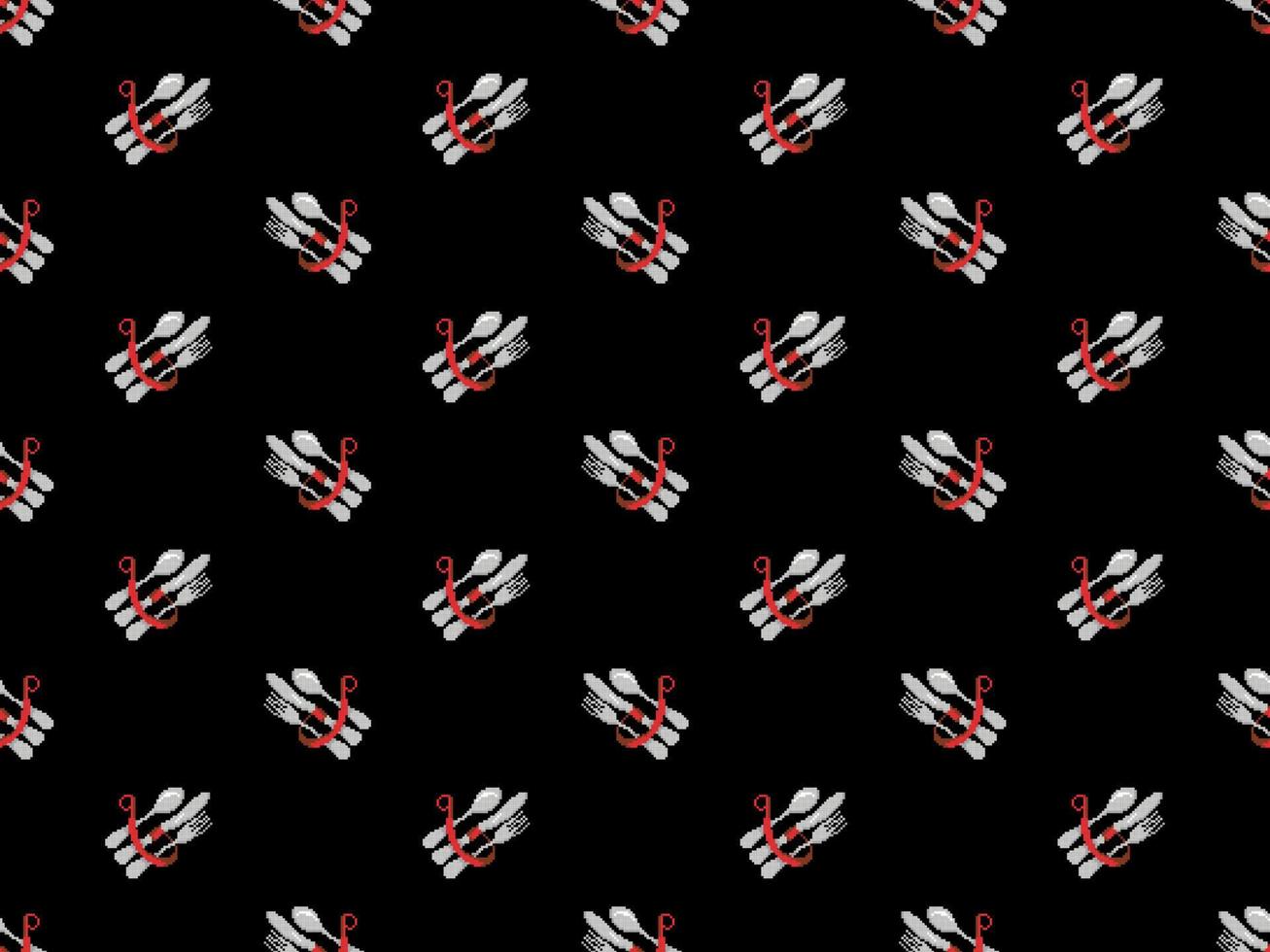 Cutlery cartoon character seamless pattern on black background.  Pixel style vector