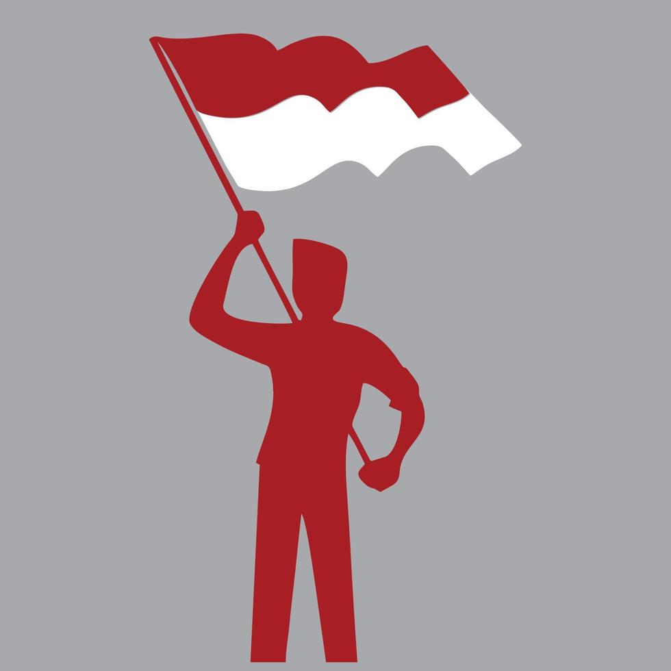 Silhouette of a red warrior carrying a red and white flag. Symbol of the struggle for independence. Suitable for the moment of the celebration of the independence of the Republic of Indonesia, vector