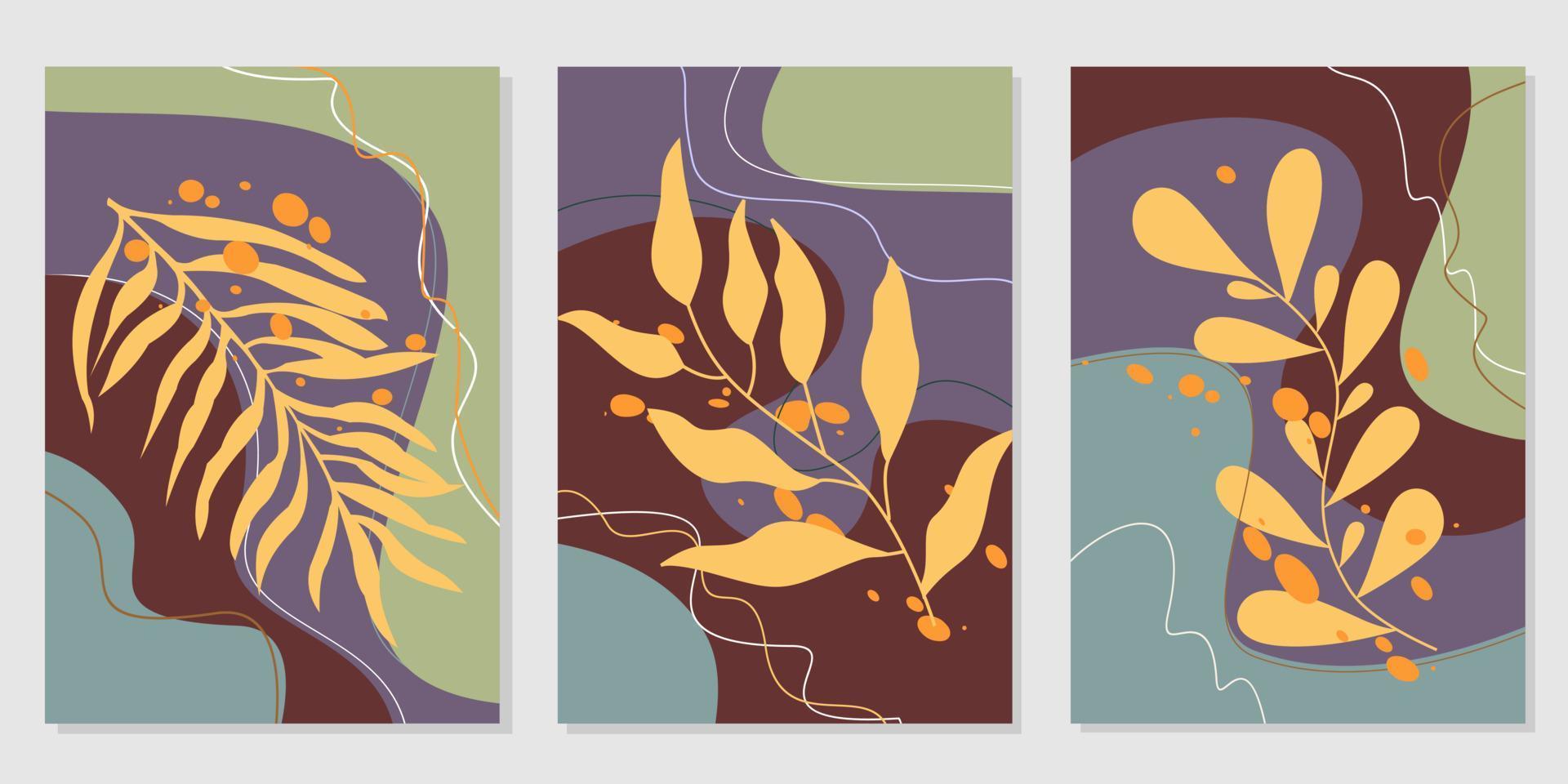 natural abstract wall decor design set. background with leaf silhouette scribble vector