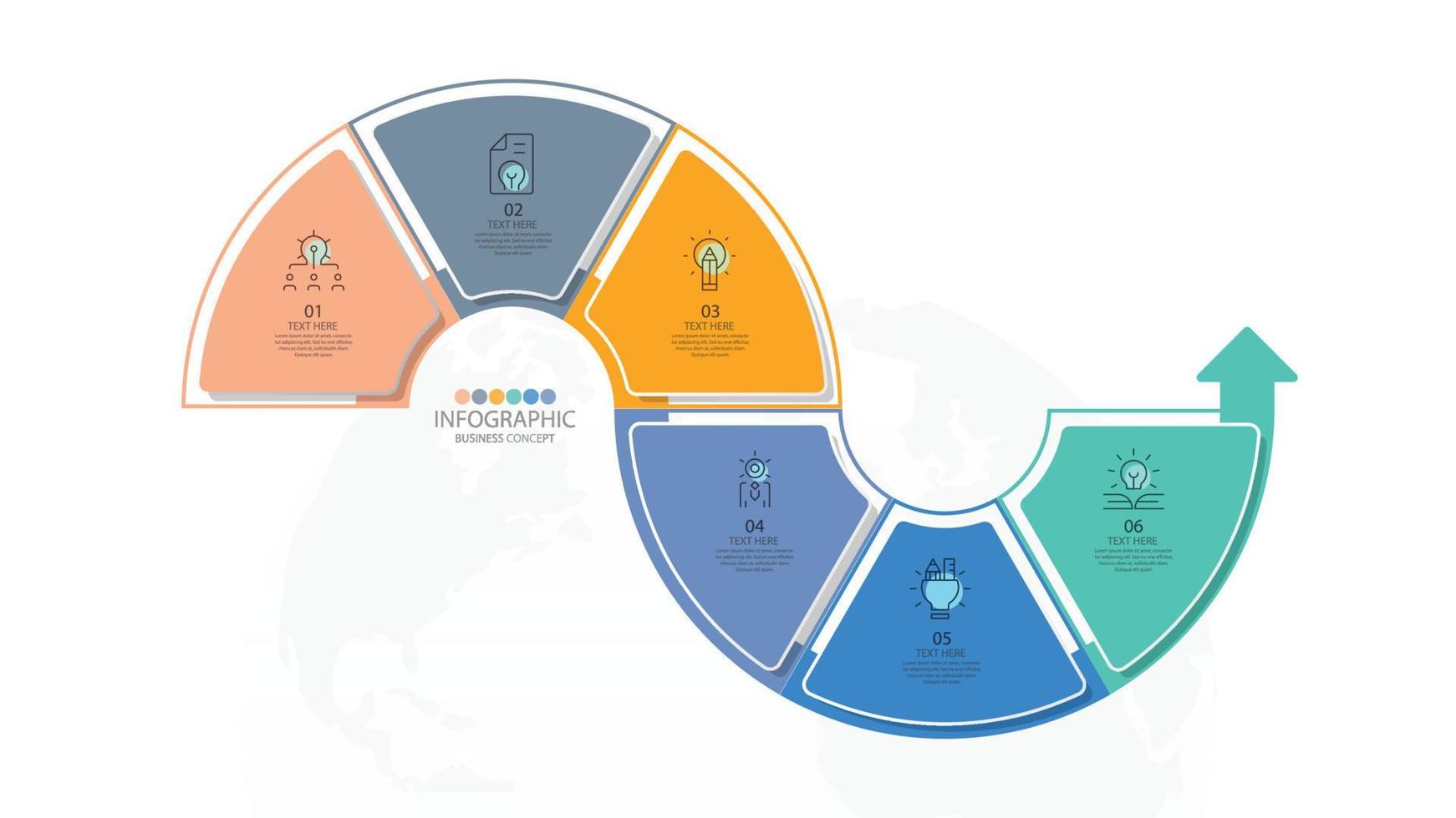Basic circle infographic template with 6 steps, process or options, process chart, Used for process diagram, presentations, workflow layout, flow chart, infograph. Vector eps10 illustration.