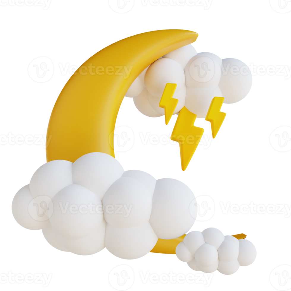3D illustration cloud moon with lightning png
