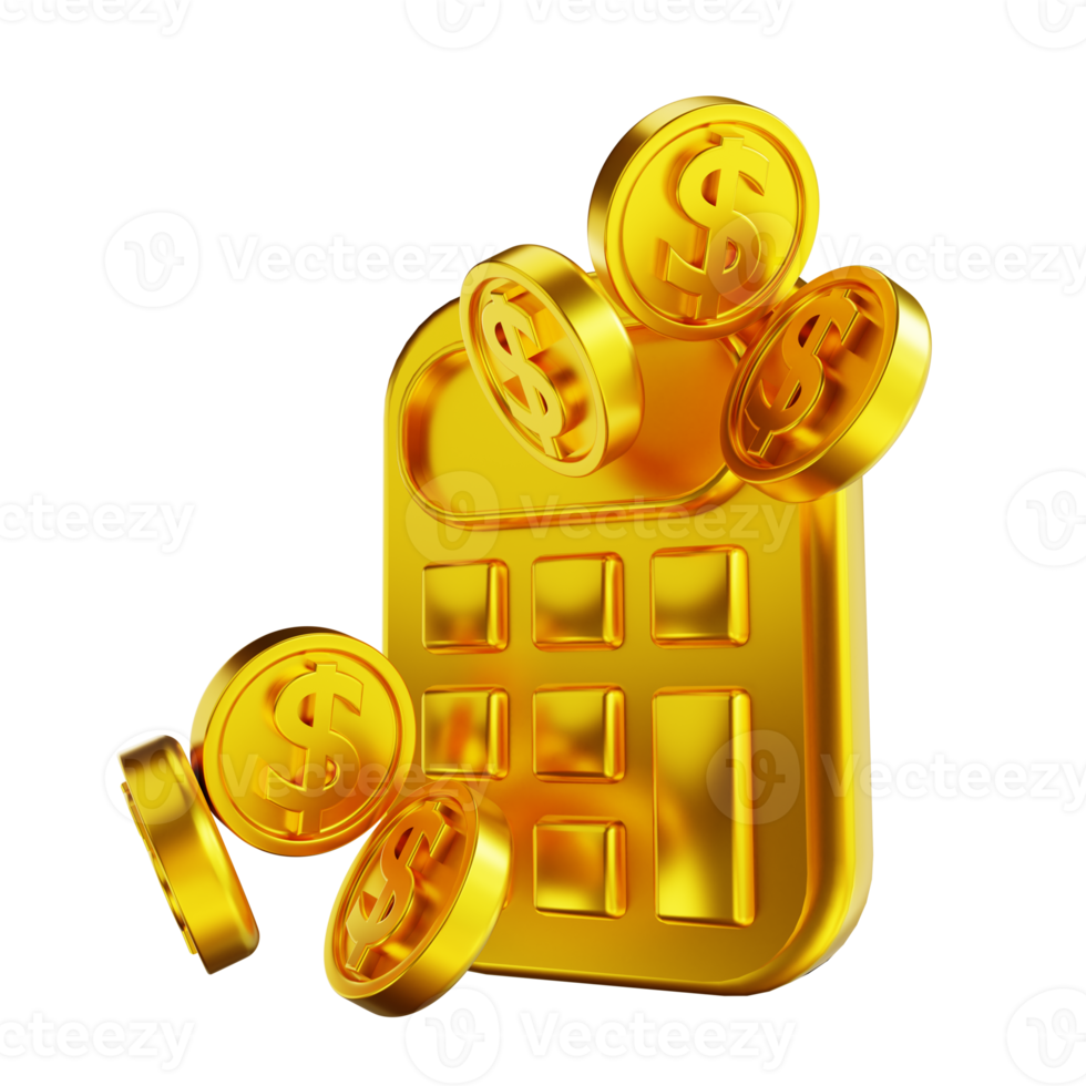 3D illustration golden coins and calculator png