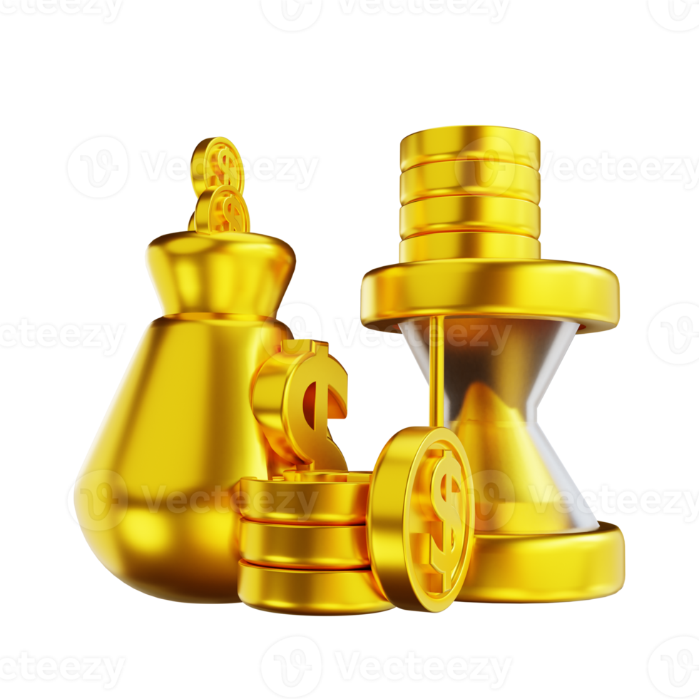 3D illustration golden pocket money and time png