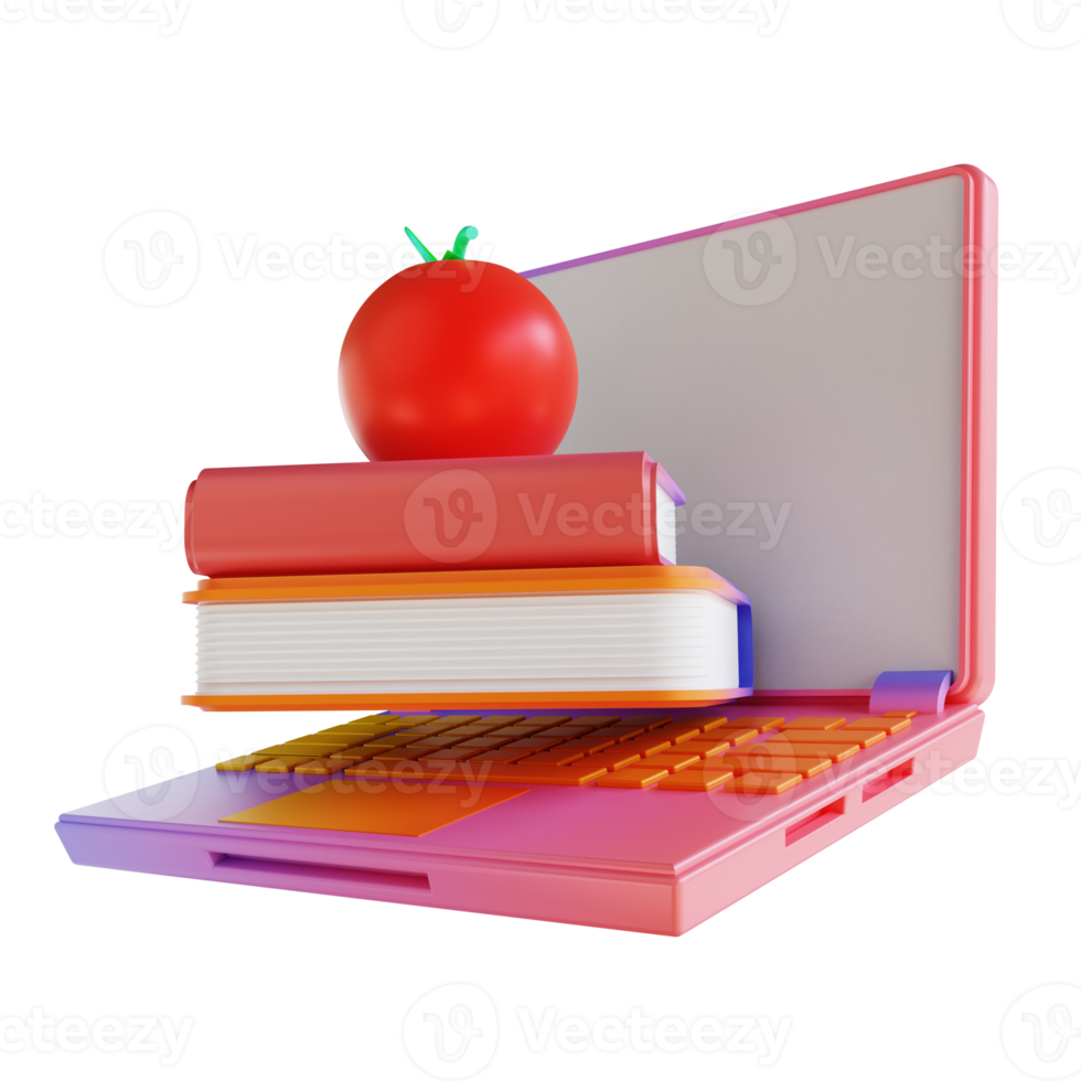 3D illustration colorful book apple and laptop png