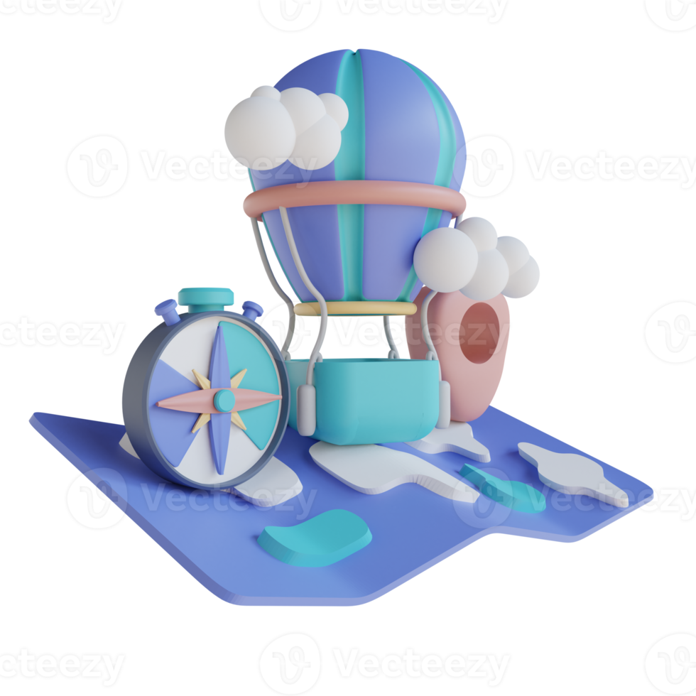 3D illustration map compass and hot air balloon png