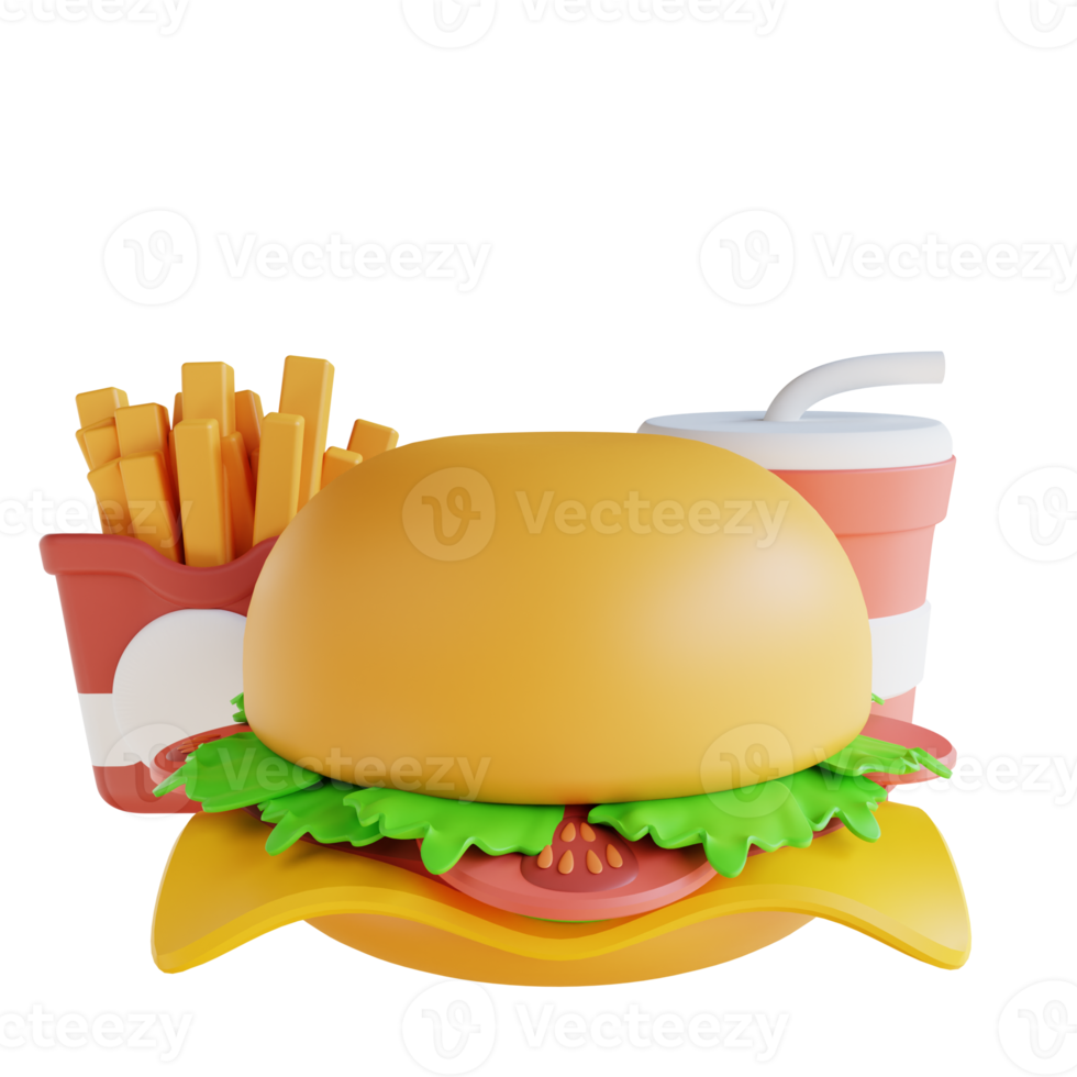 3D illustration French fries, burgers and cold drinks png