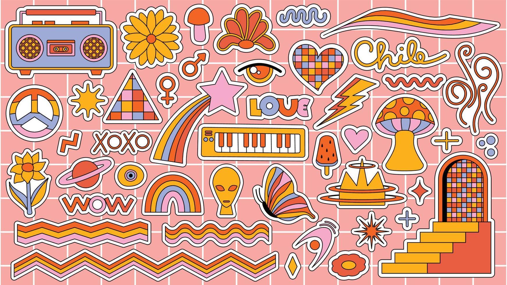 Set of hipster retro cool psychedelic elements. Collection stickers of groovy cliparts from the 70s 60s. Collage with trendy pop vibe with funky design element. Abstract background of cartoon sticker vector