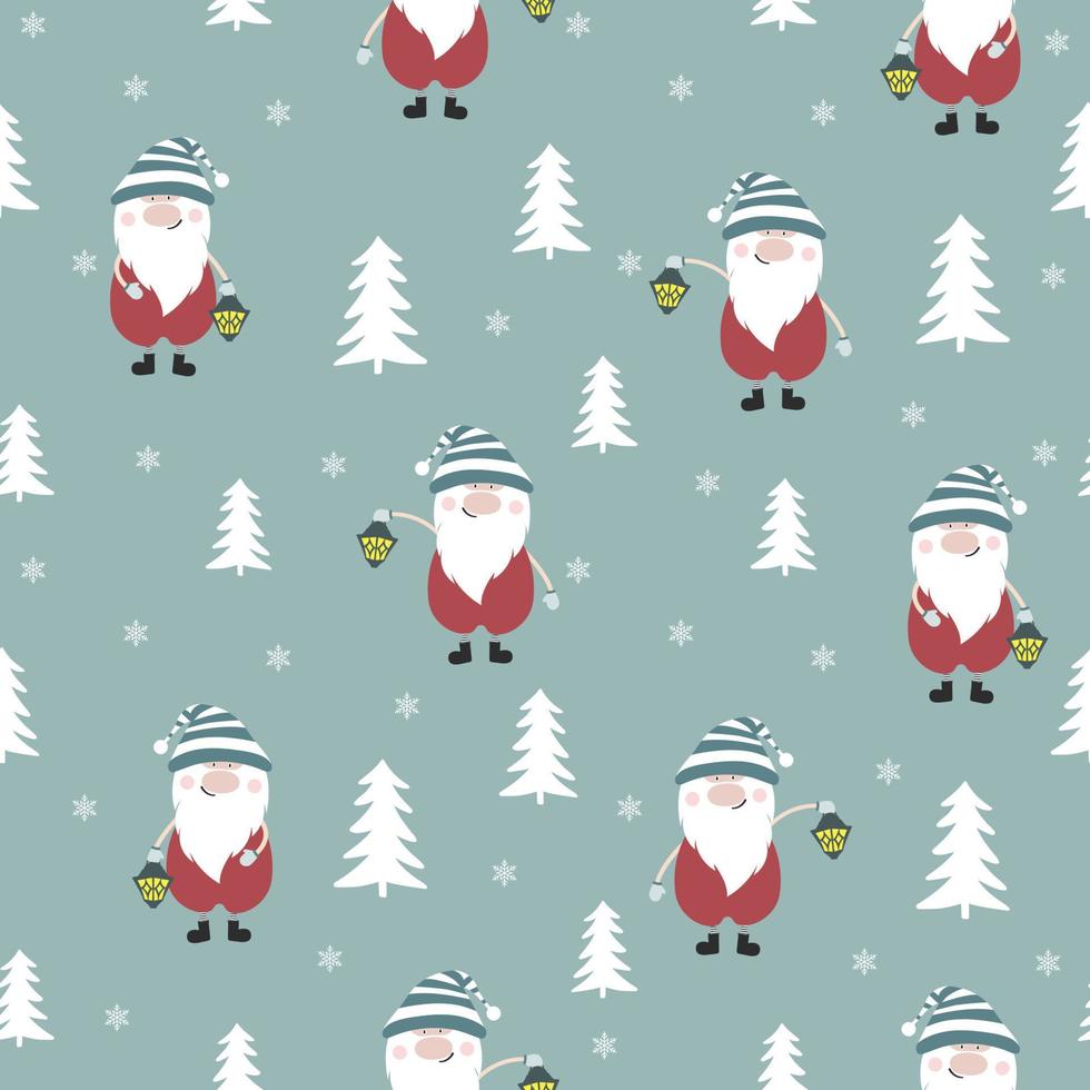 Seamless vector illustration with Christmas gnomes, tree and snowflakes. Can be use for decorating textiles, packaging, wallpaper.