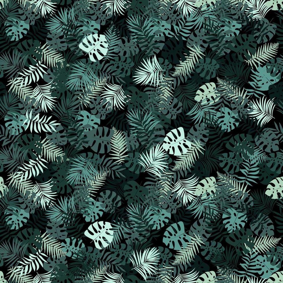 patrón tropical de moda sin costuras con hojas de palmeras tropicales verdes sobre un fondo negro. hermosas plantas exóticas. estampado hawaiano de verano de moda. línea elegante floral. vector