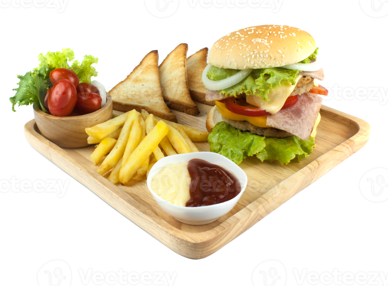 Varkenshamburger zelfgemaakte met gegrild spek bevat groenten, kaas, sla, ui, chili, kruiden in een houten schotel geïsoleerd op een witte achtergrondgeluid png