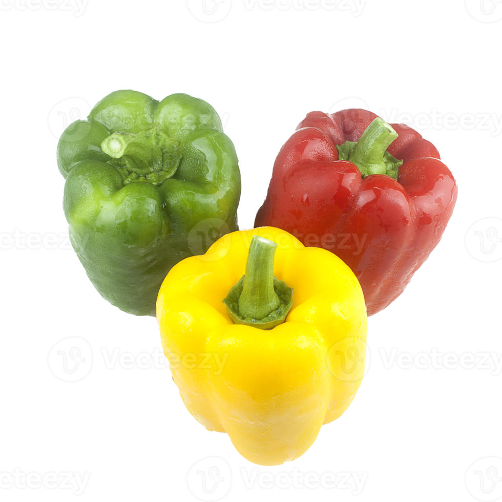three Bell pepper Red yellow and green fresh delicious isolated on white background png