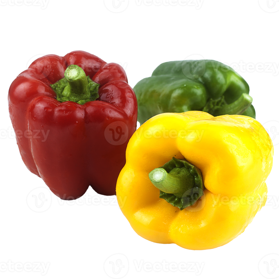 three Bell pepper Red yellow and green fresh delicious isolated on white background png