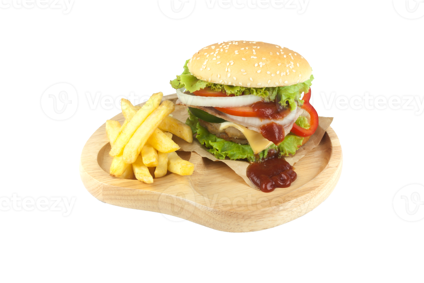 Varkenshamburger zelfgemaakte met gegrild spek bevat groenten, kaas, sla, ui, chili, kruiden in een houten schotel geïsoleerd op een witte achtergrondgeluid png