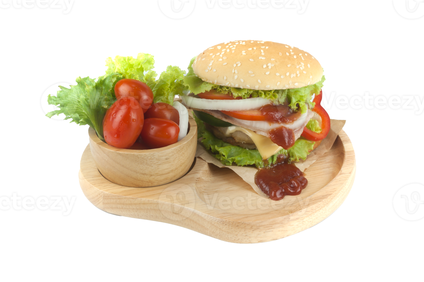 Pork hamburger Homemade with grilled bacon contains vegetables, cheese, lettuce, onion, chilli, spices in a wooden dish isolated on white backgroud png