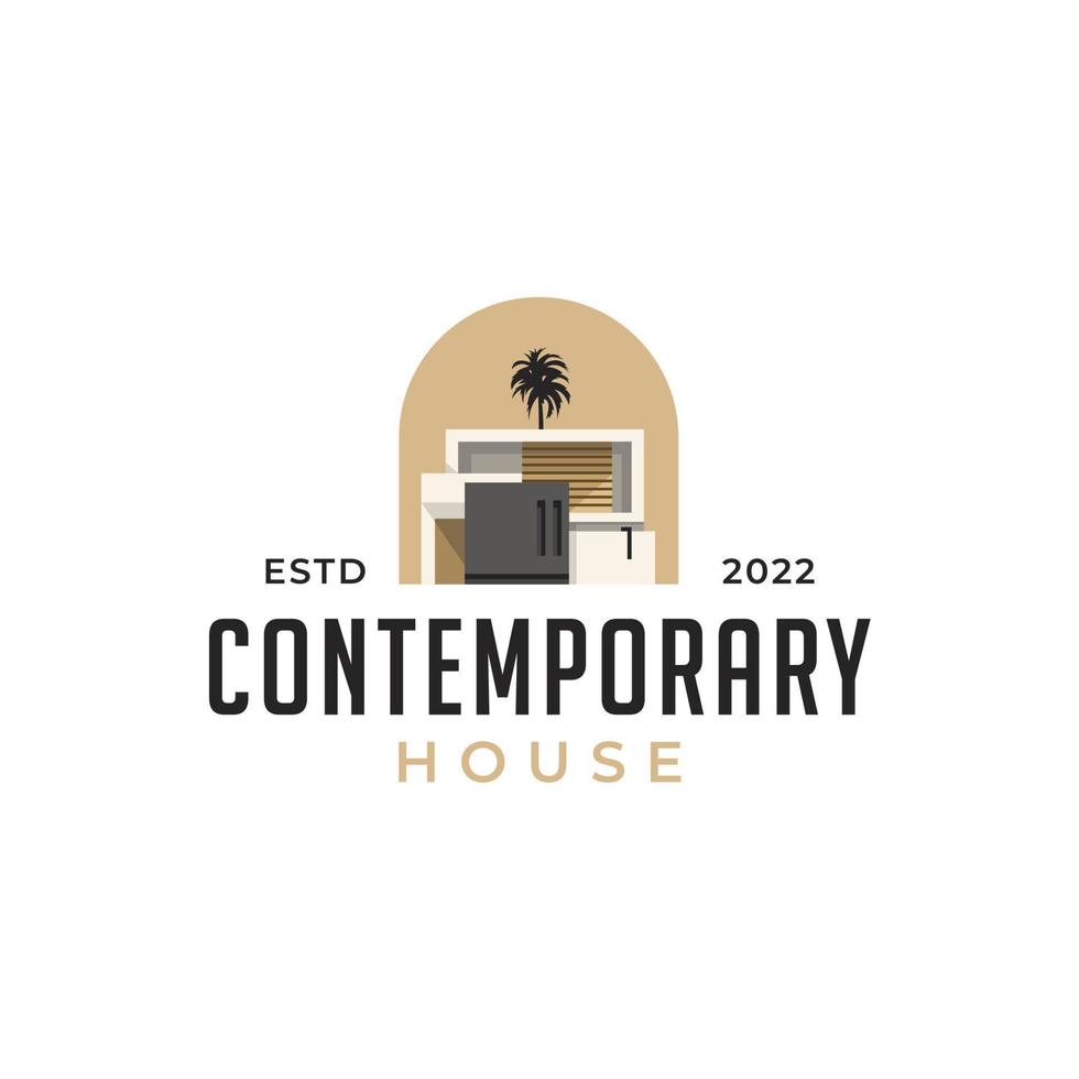 Modern minimalist of house. Building exterior of contemporary villa. Real estate logo. Vector illustration isolated on white background