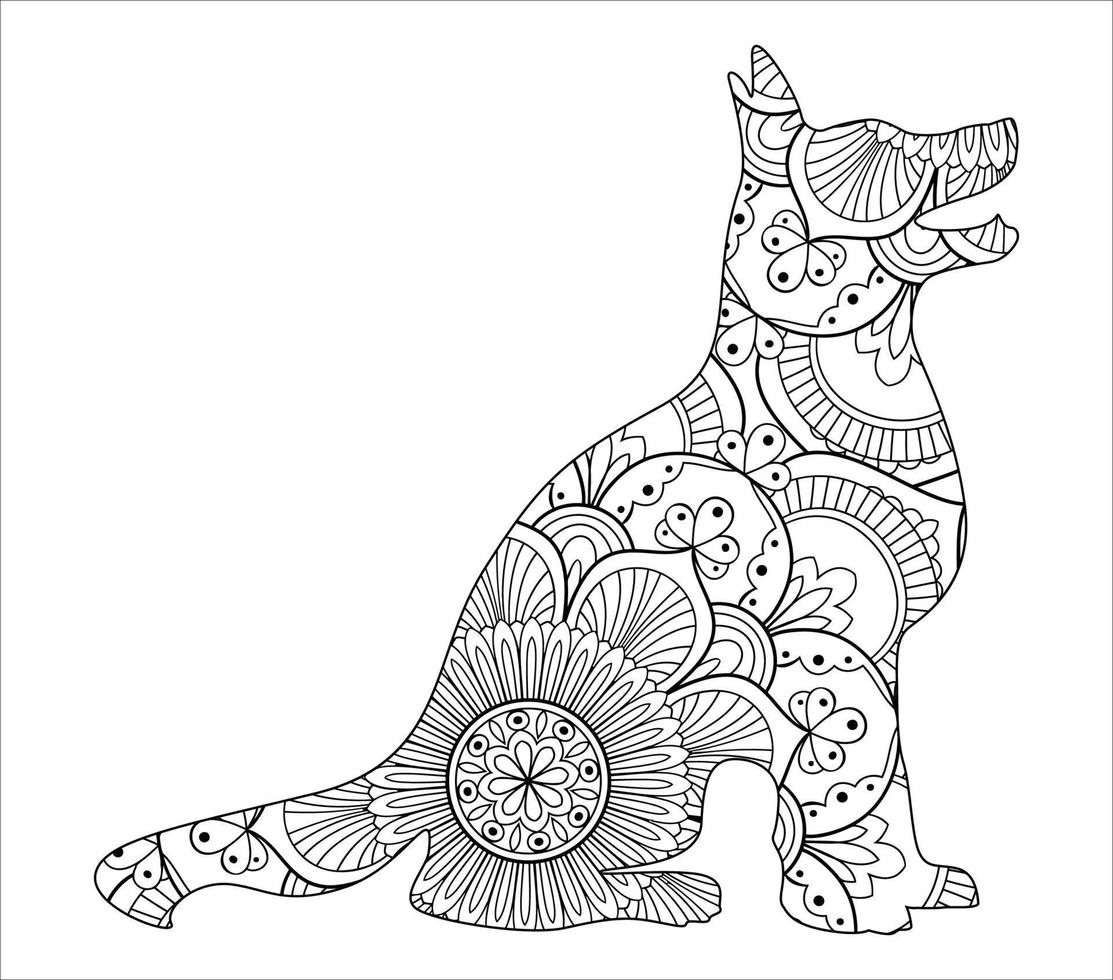 Dog mandala coloring page for kids and adults, animal mandala vector line art design style illustration.