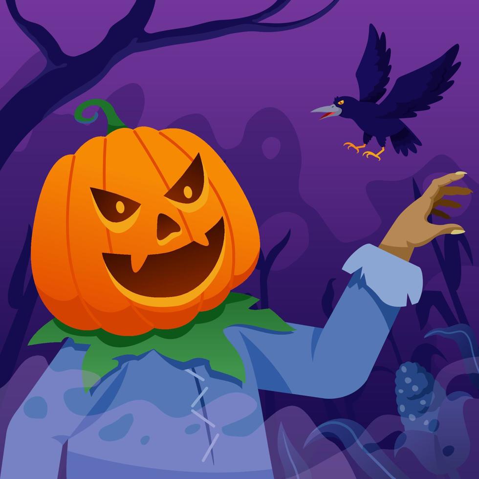 Spooky Sacrecrow Pumpkin Head In Corn Field vector