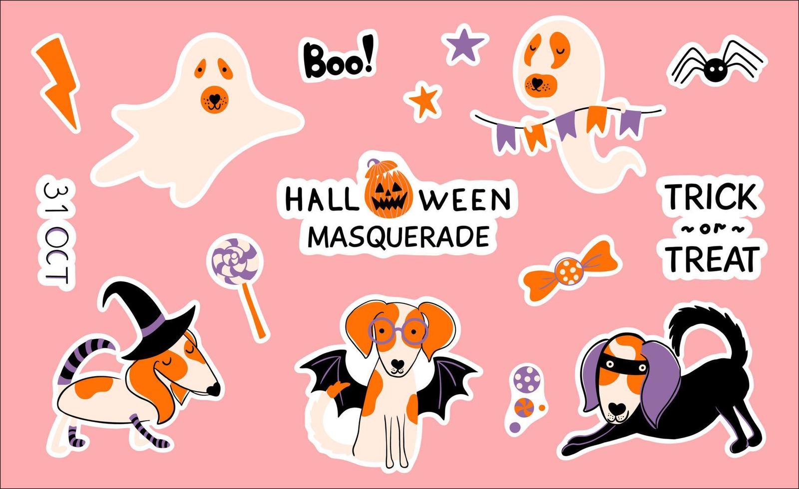 lindo conjunto de halloween. ilustración vectorial en estilo escandinavo simple con pegatinas, iconos, elementos de diseño. Personajes de caricatura. perros con disfraces festivos, fantasmas, arañas, dulces, letras. vector