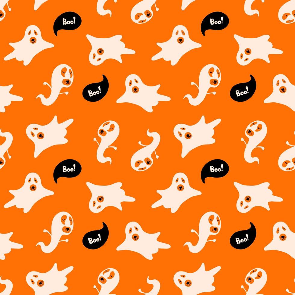 patrón transparente de vector de halloween con personajes lindos. perros con disfraces de fantasmas y letras boo sobre fondo naranja. ilustración de estilo de dibujos animados para papel, juegos, textiles, diseño web.