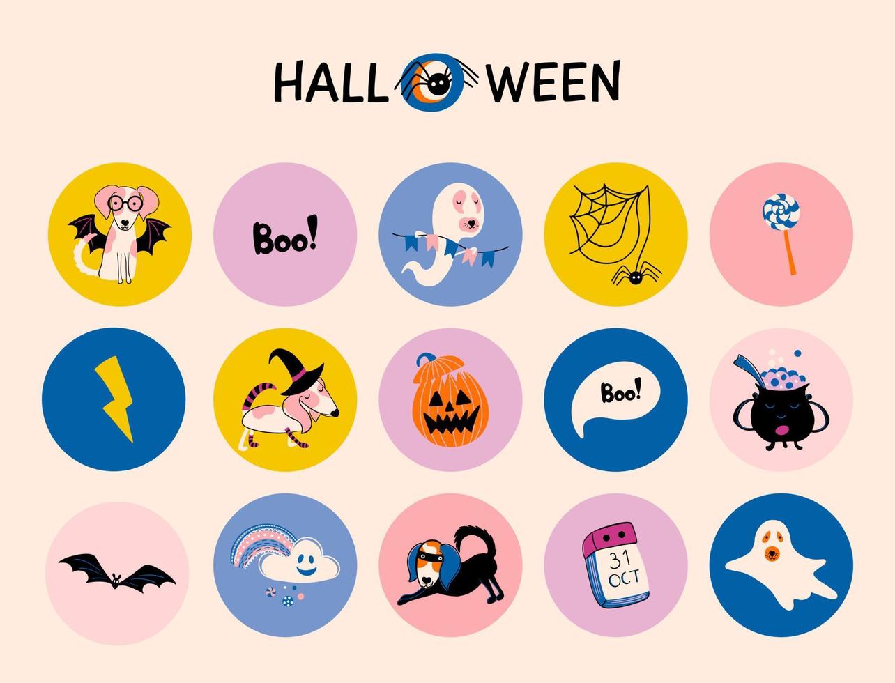 Halloween stickers set with cute elements in doodle style. Hand drawn icons with dogs in carnival costumes. Highlights covers, weekly planner. Vector illustration.