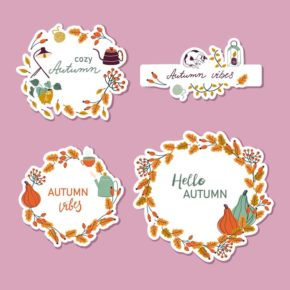 Vector collection. Abstract background with cozy autumn elements and lettering for frame print design. Fall season hand drawn stickers pack.