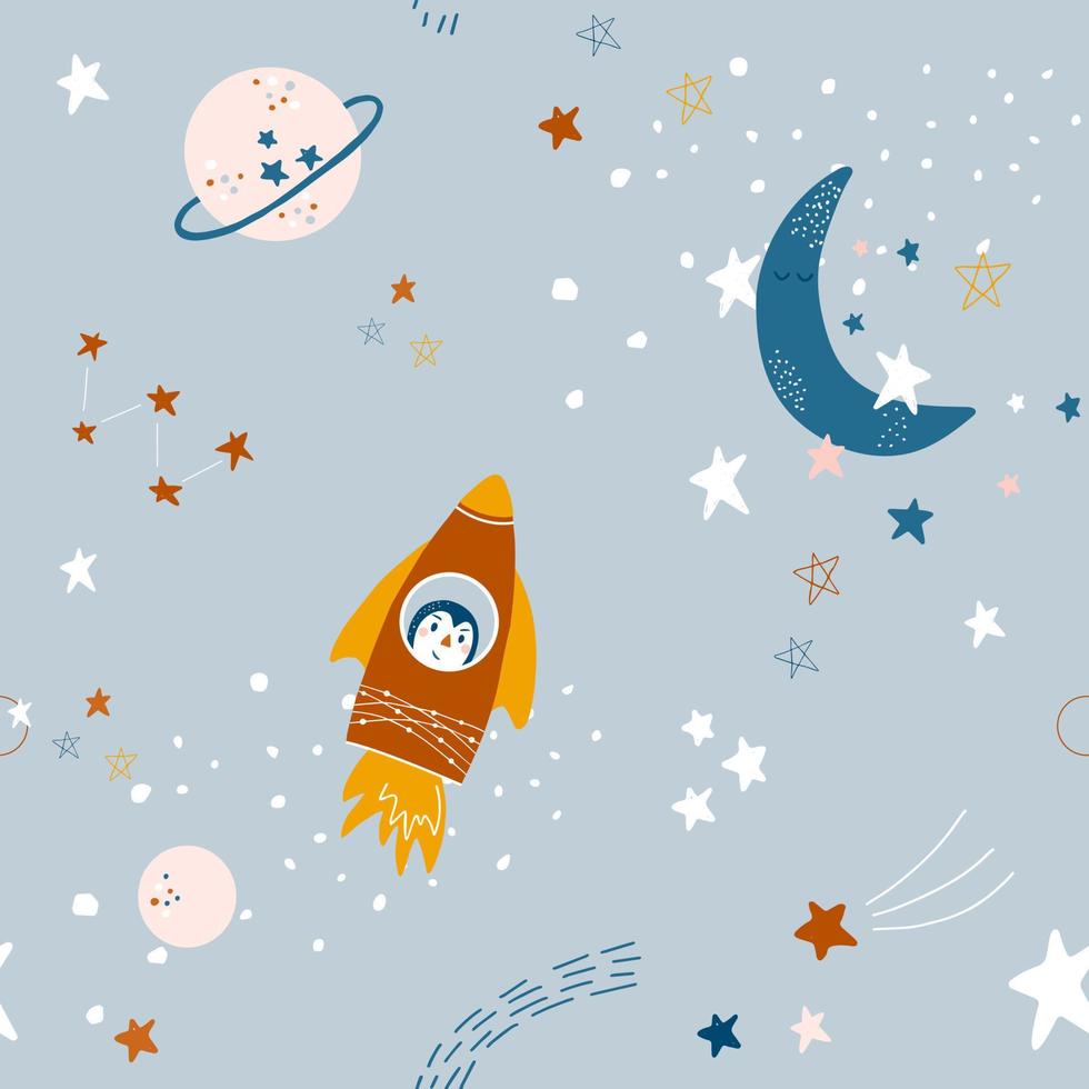 Cute seamless pattern with rockets, stars, moon and planets. Vector baby cosmic backdrop in simple hand drawn style. Good for interior decorating, fabric, baby clothes, baby shower decor.